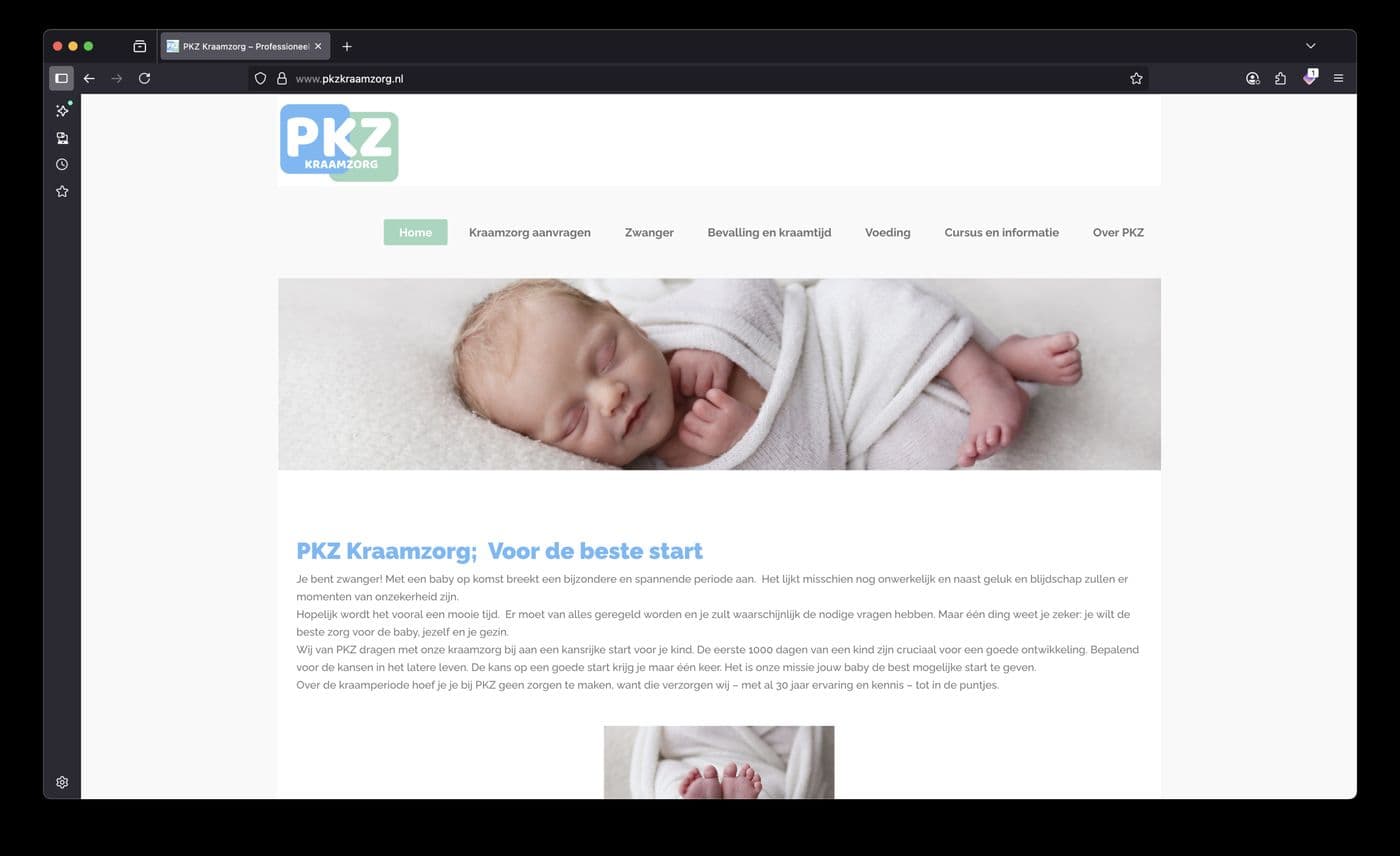 Website van PKZ Kraamzorg, gebouwd door Mark ICT