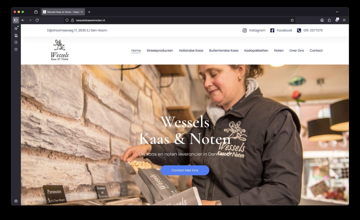 Website van Wessels Kaas en Noten, gebouwd door Mark ICT